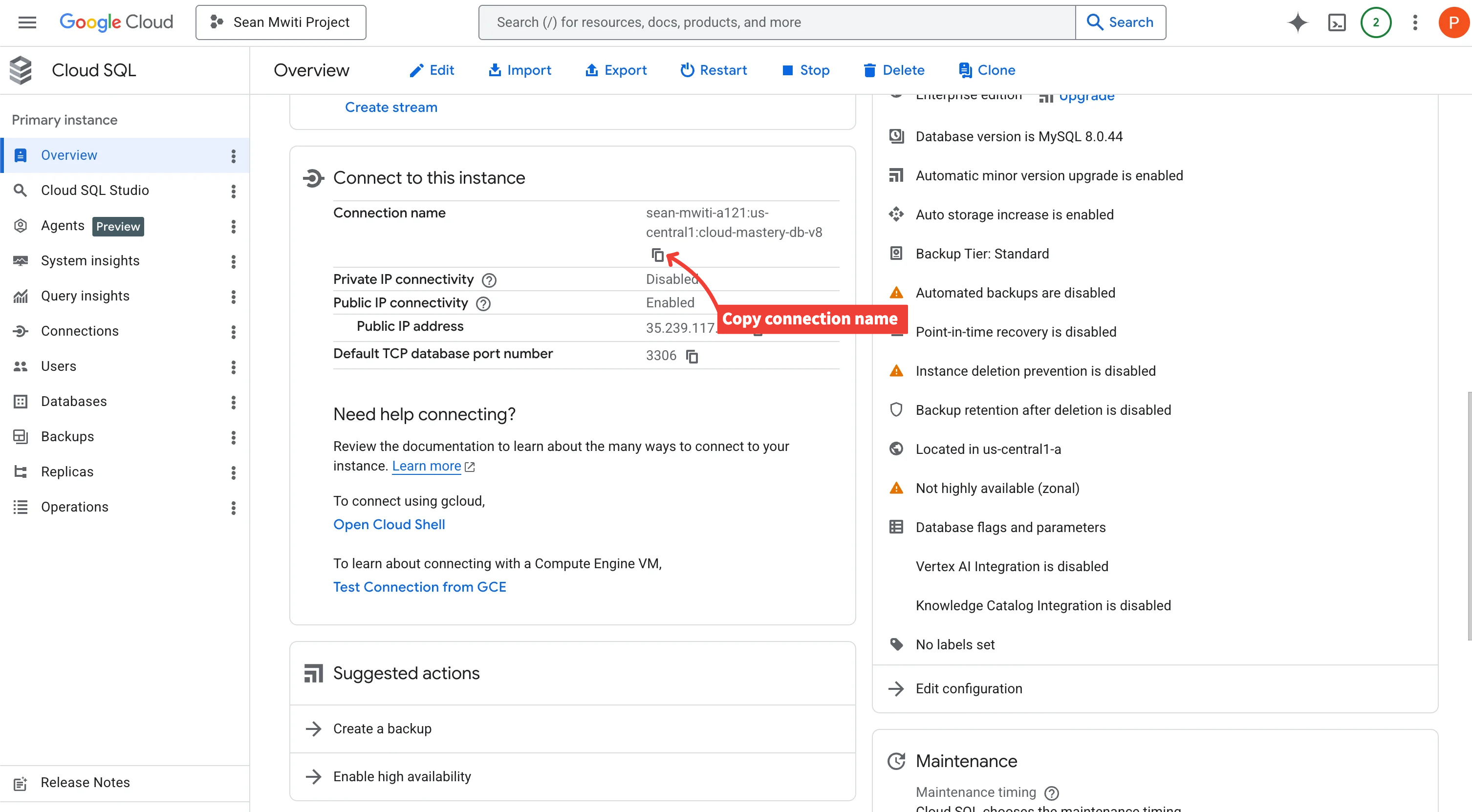 Copy database connection name