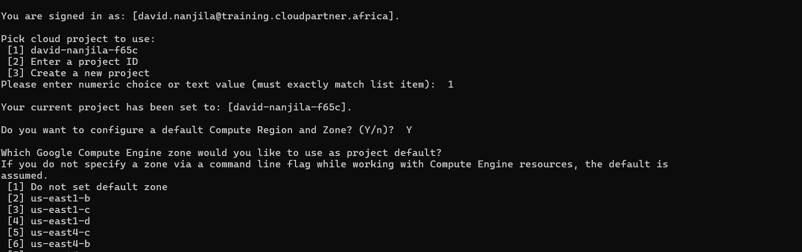 Select default zone — enter 1