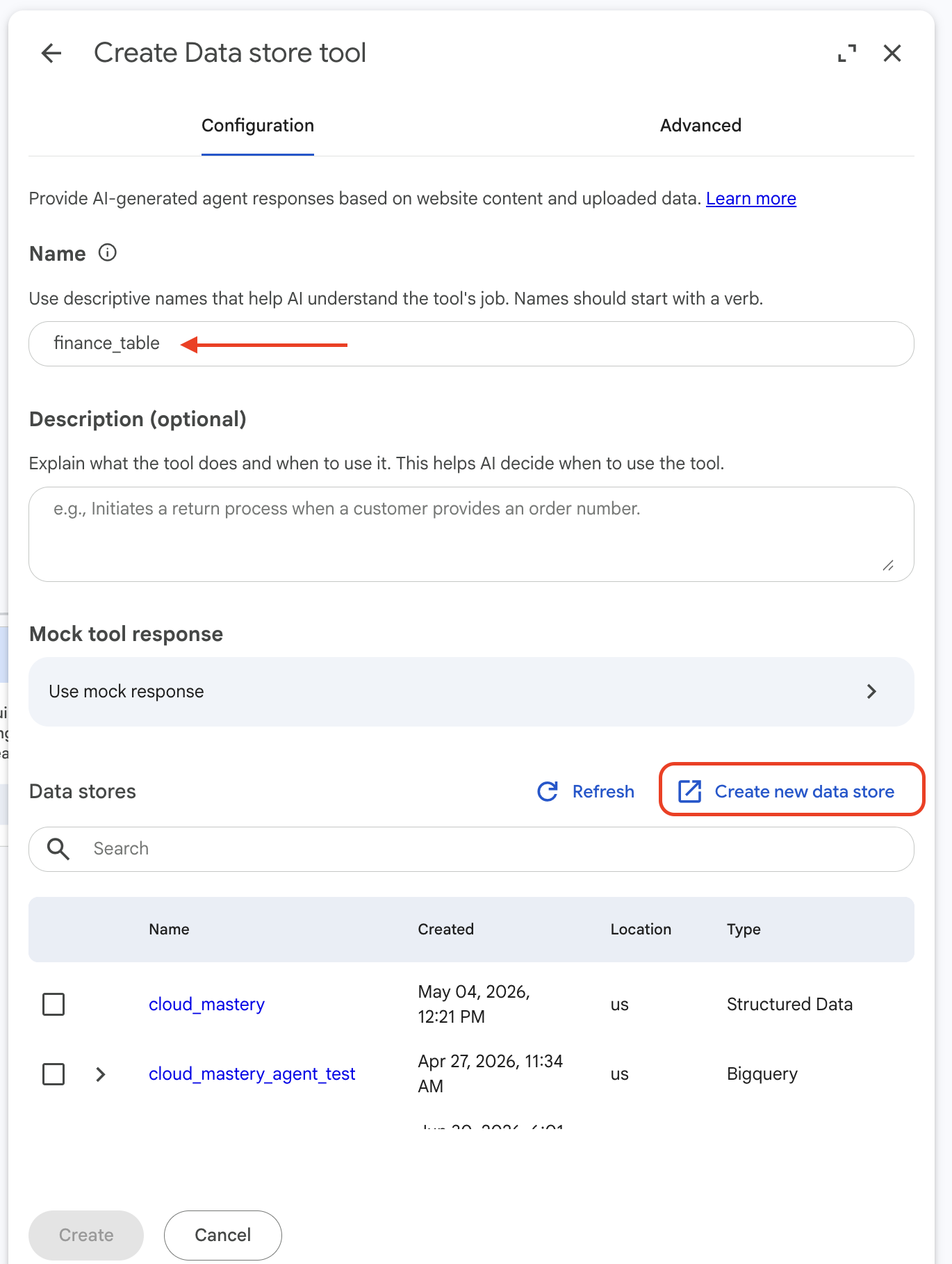 Create new data store