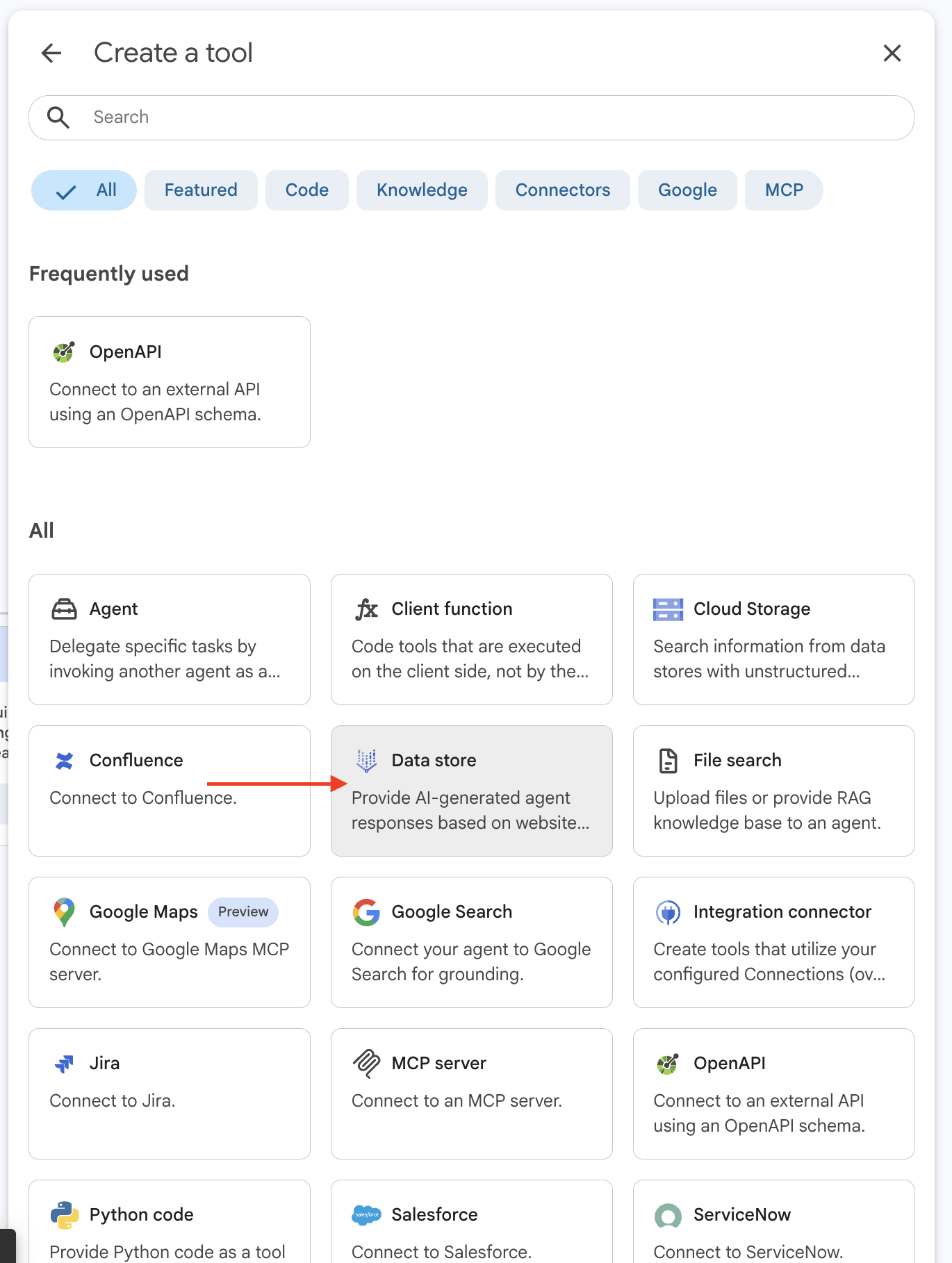 Select Datastore tool type