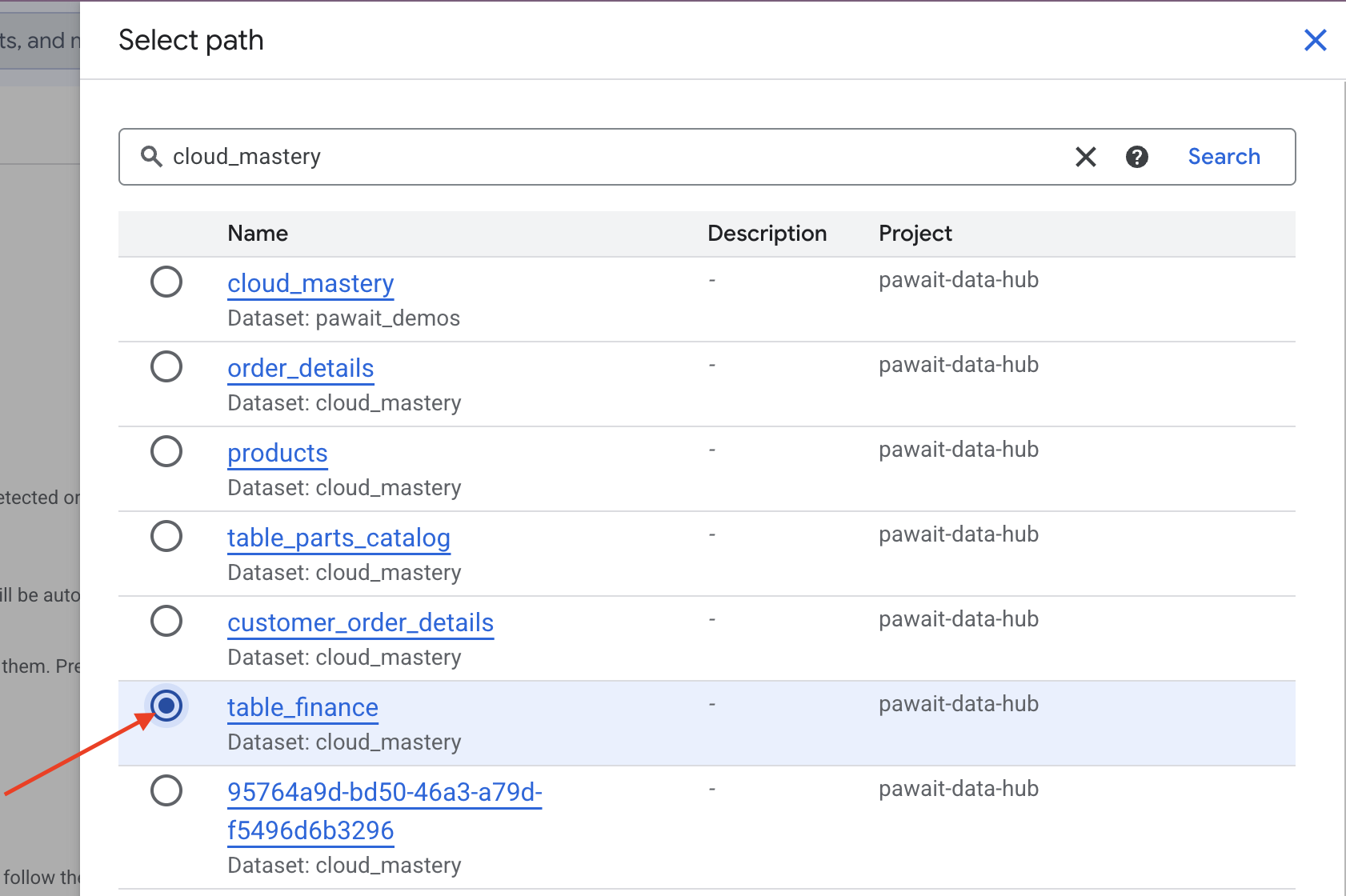 Select table_finance from cloud_mastery